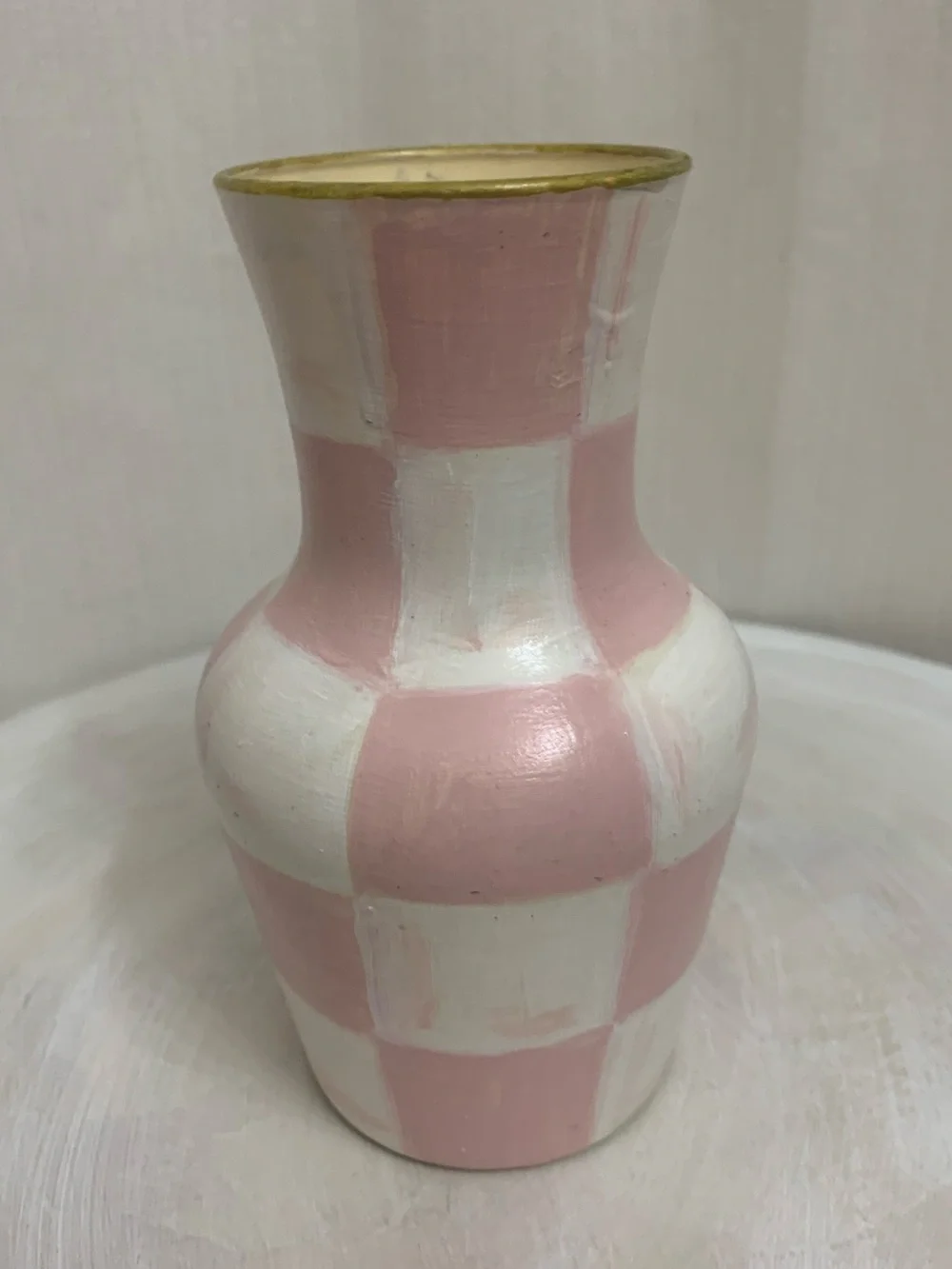 Ceramic Bud Vase Hand Painted Pink and White Rosy Check Design